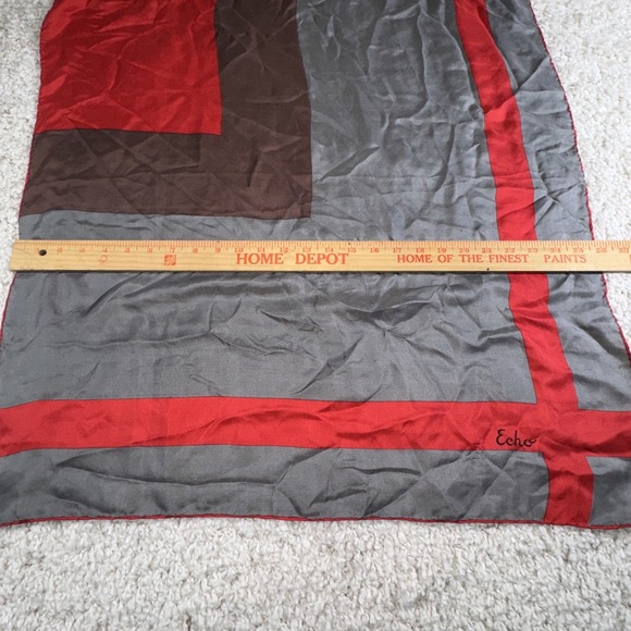 Echo Silk Scarf 26" Square Gray Red Geometric Colorblock Lightweight - Picture 3 of 5